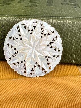 Vintage Mother of Pearl Brooch Hand Carved Bethlehem Starburst Pin